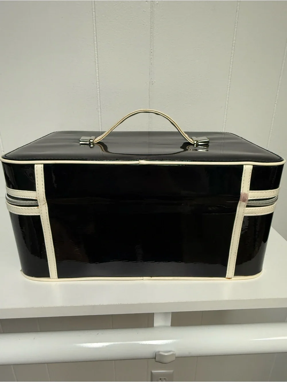 Vintage Lancôme Makeup Train Case | Black Cream Red | Eiffel Tower Zipper Charms